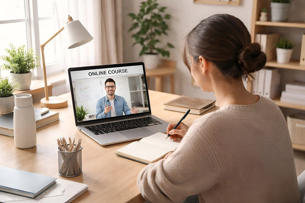 online learning, e-learning, distance learning, studying at home, laptop user, home office, digital education, modern workspace, productivity, working from home, online course, minimal desk, clean workspace, natural light, adult learner, technology use, education concept, focused person, home study on Skill Forge