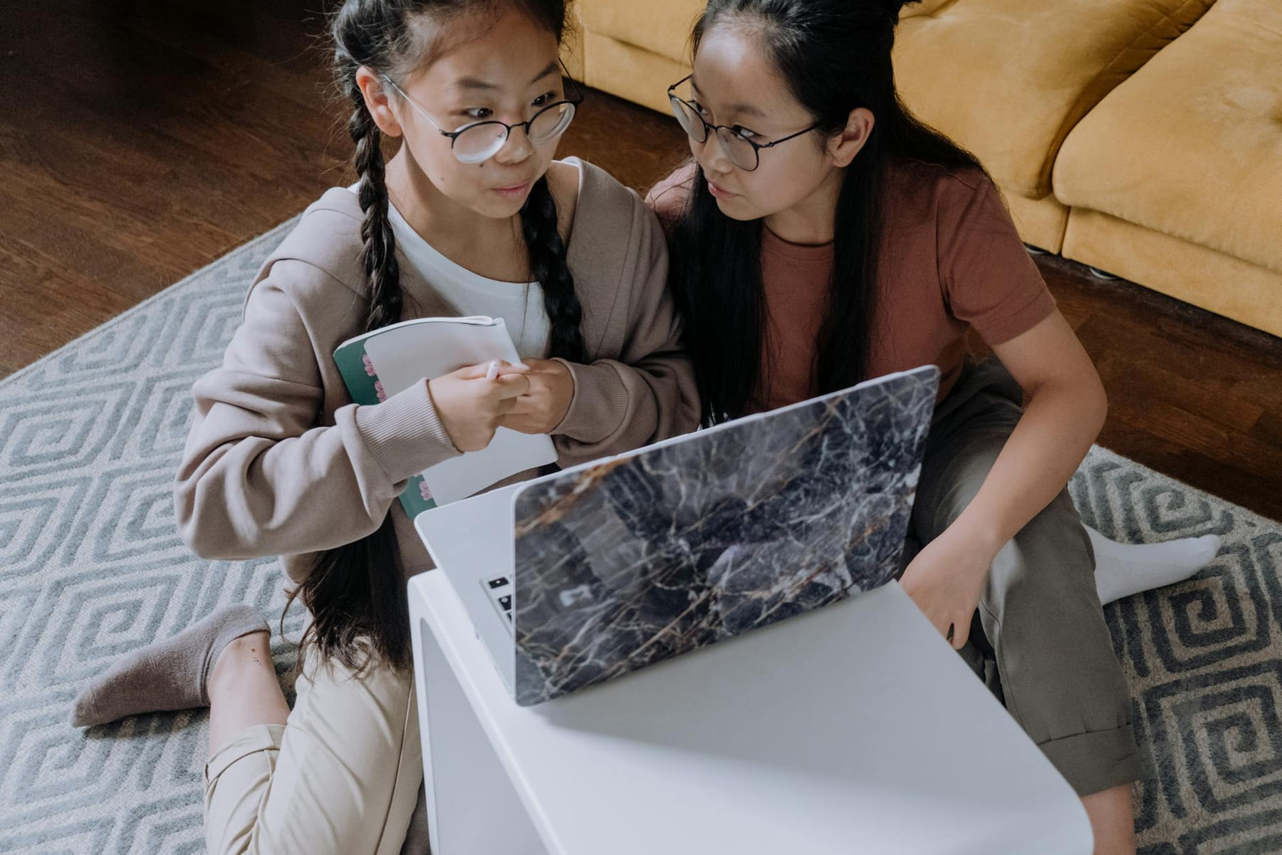 Two teen sisters study together on a laptop in a cozy living room setting. on Skill Forge